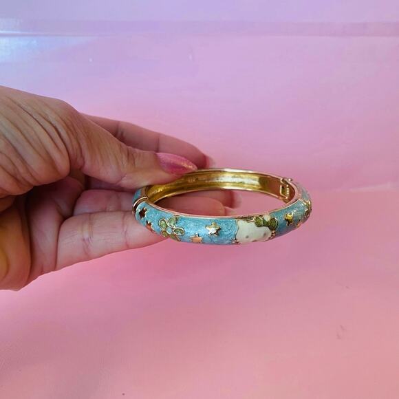 Vintage Green Enamel Kitty Cloisonné Bangle Size 5 - Picture 2 of 5